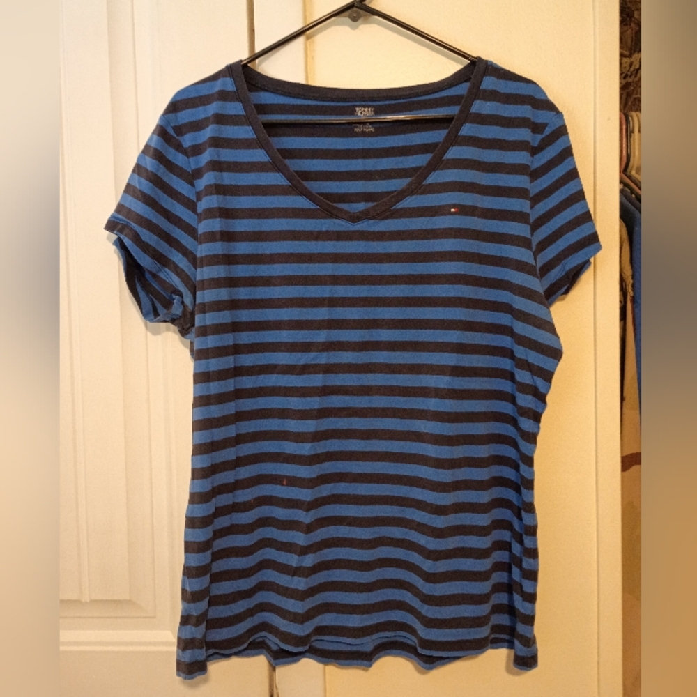 Tommy Hilfiger Blue and Black Striped V-Neck Tee